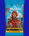 Magic: The Gathering Aetherdrift Play Booster Pack featuring racing-themed character artwork with elemental energy effects, sealed product.