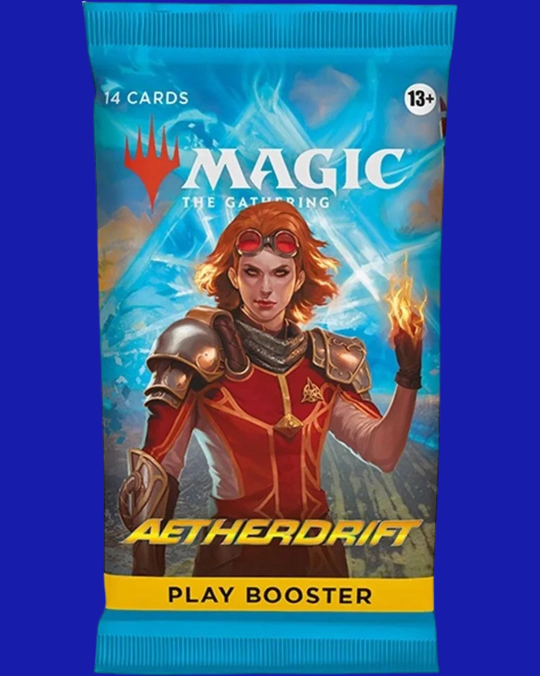 Magic: The Gathering Aetherdrift Play Booster Pack featuring racing-themed character artwork with elemental energy effects, sealed product.