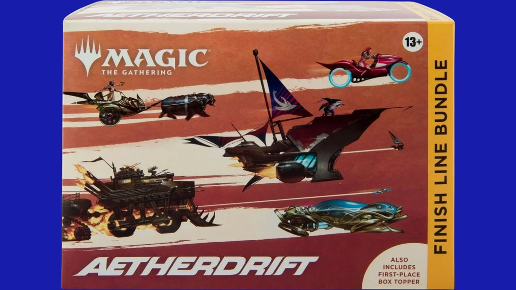 Magic: The Gathering Aetherdrift Finish Line Bundle box featuring racing-themed vehicle artwork across a stylized desert track.