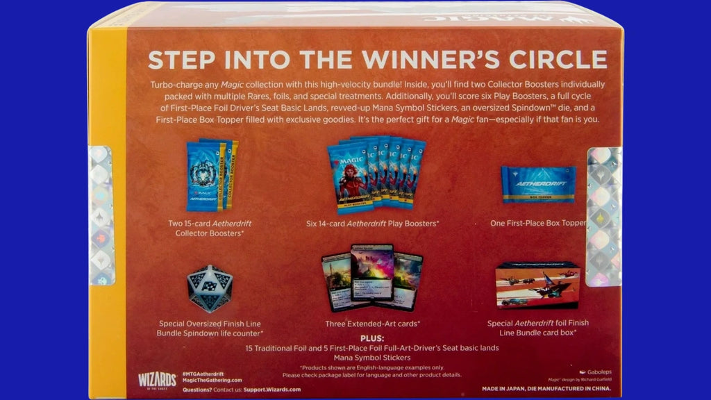 Magic: The Gathering Aetherdrift Finish Line Bundle back panel showing included boosters, box topper, spindown die, and accessory contents.
