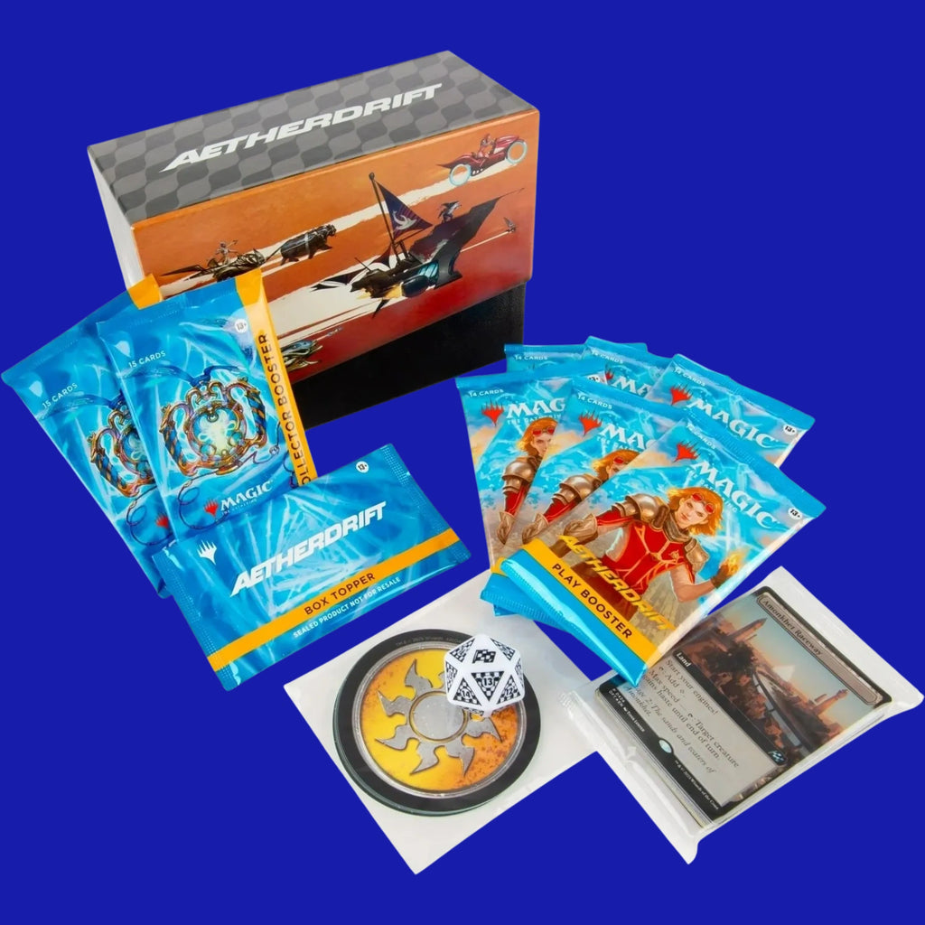 Magic: The Gathering Aetherdrift Finish Line Bundle contents displayed, including Play Boosters, Collector Boosters, box topper, spindown die, and accessories.