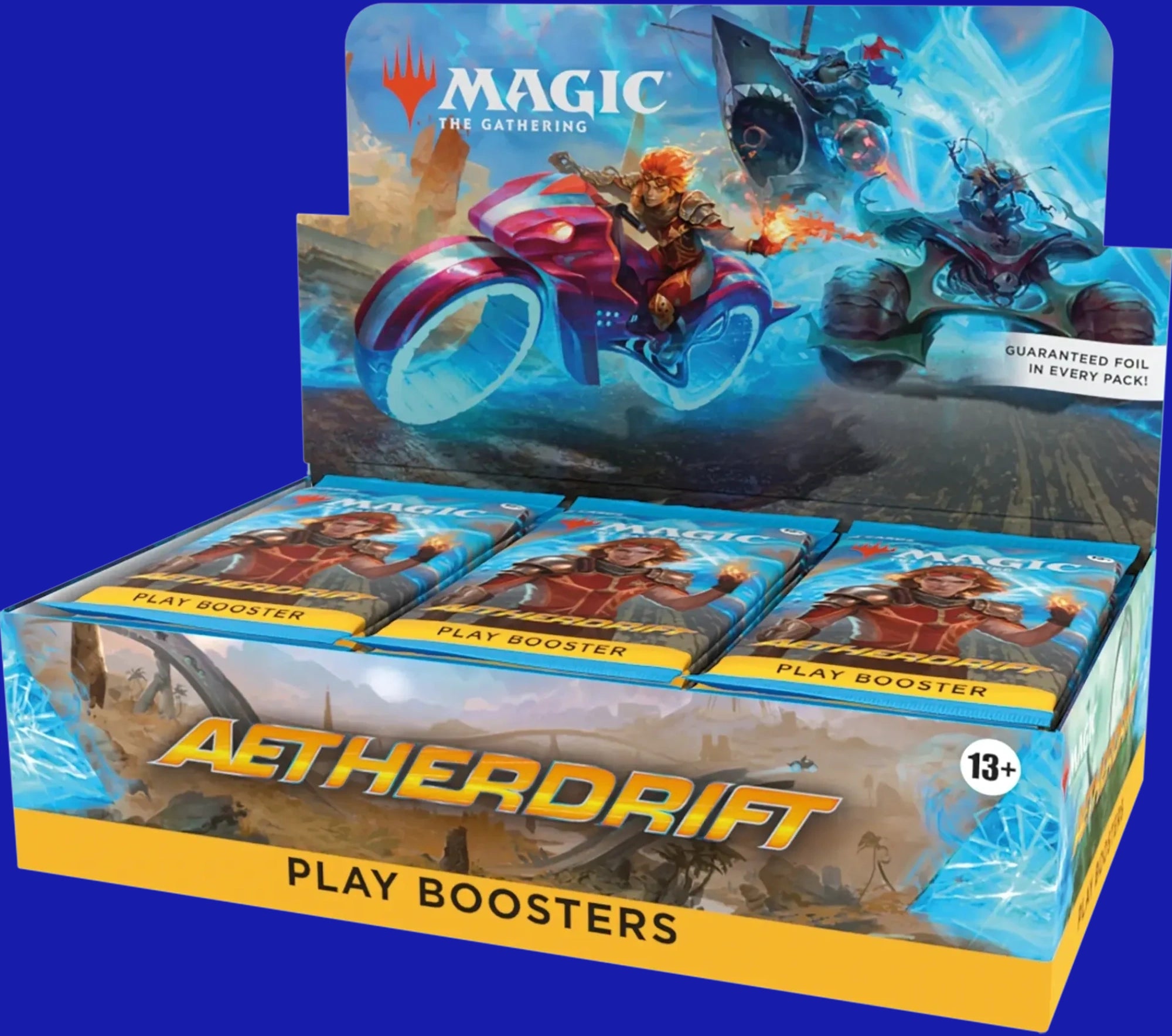 Magic: The Gathering Aetherdrift Play Booster Box featuring racing-themed artwork with characters on high-speed vehicles.