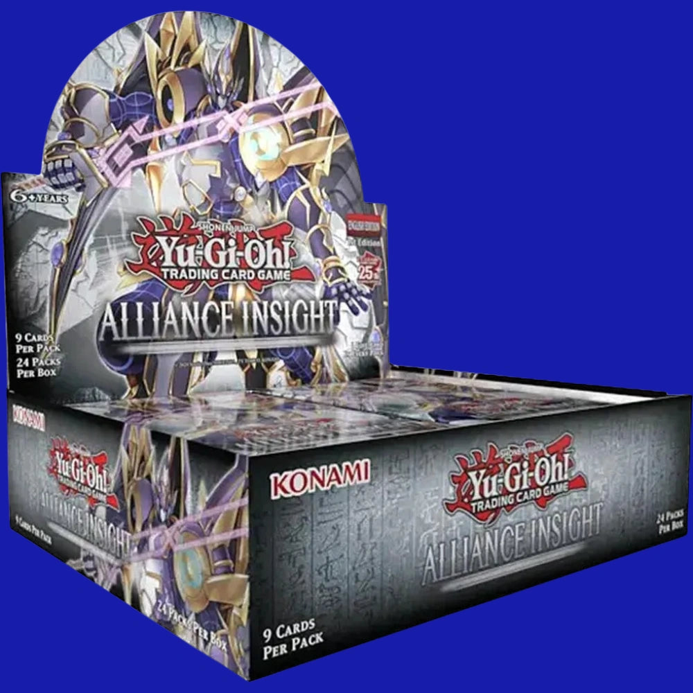 Open Yu-Gi-Oh! Alliance Insight booster box display showing packs inside, with Allied Code Talker @Ignister illustrated on the box artwork.