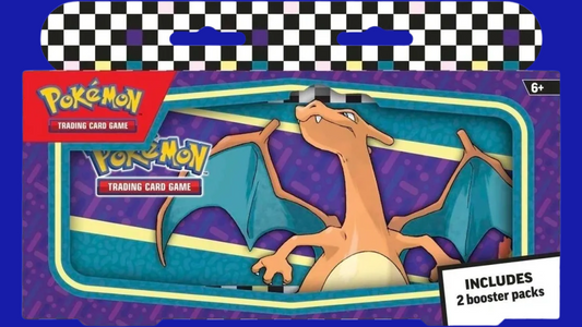 Retail packaging for the 2024 Pokémon TCG Back to School Pencil Case, featuring Charizard and checkerboard design, includes two booster packs.