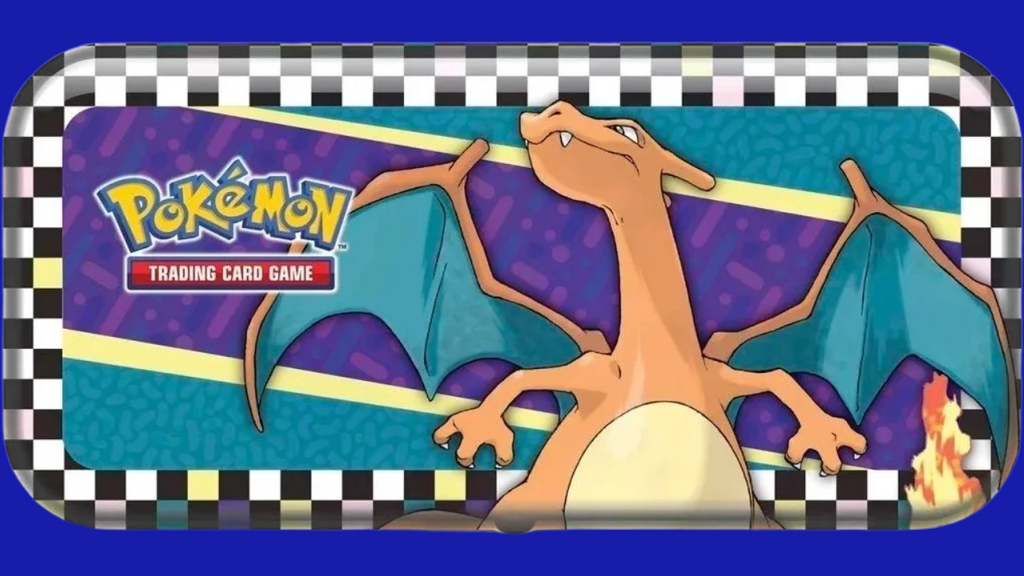 Top view of the 2024 Pokémon TCG pencil tin featuring Charizard on a retro background with checkerboard accents.