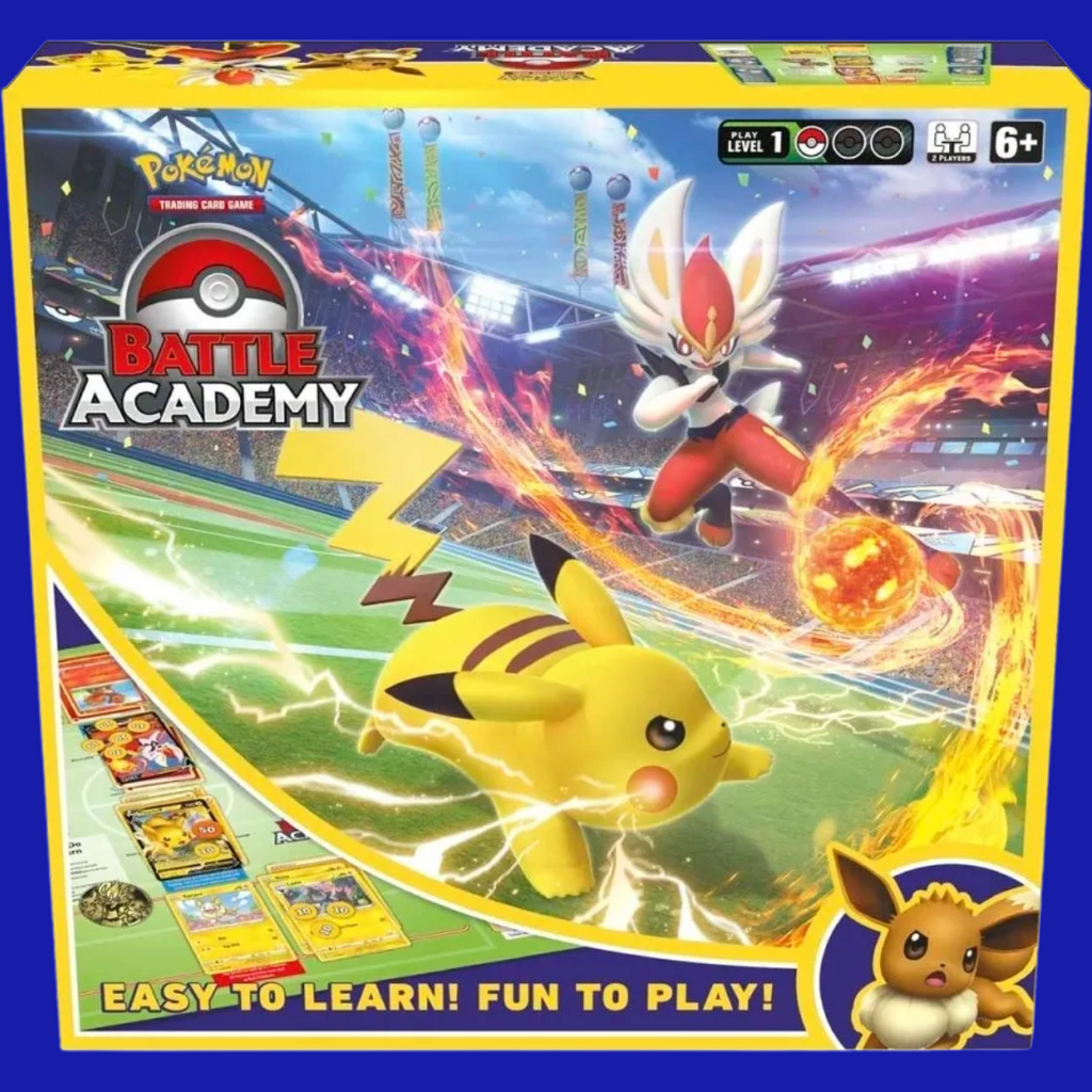 Front of Pokémon Battle Academy 2022 box featuring Pikachu and Cinderace in battle, with Eevee in corner