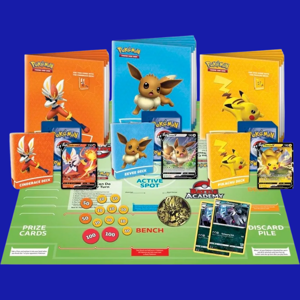 Complete contents of Battle Academy 2022 including playmat, decks, coin, and V cards