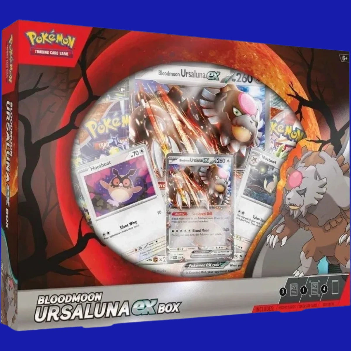 Front packaging of the Pokémon TCG: Bloodmoon Ursaluna ex Box featuring foil cards of Bloodmoon Ursaluna, Hoothoot, and Noctowl, plus booster packs and box art with a red full moon theme.