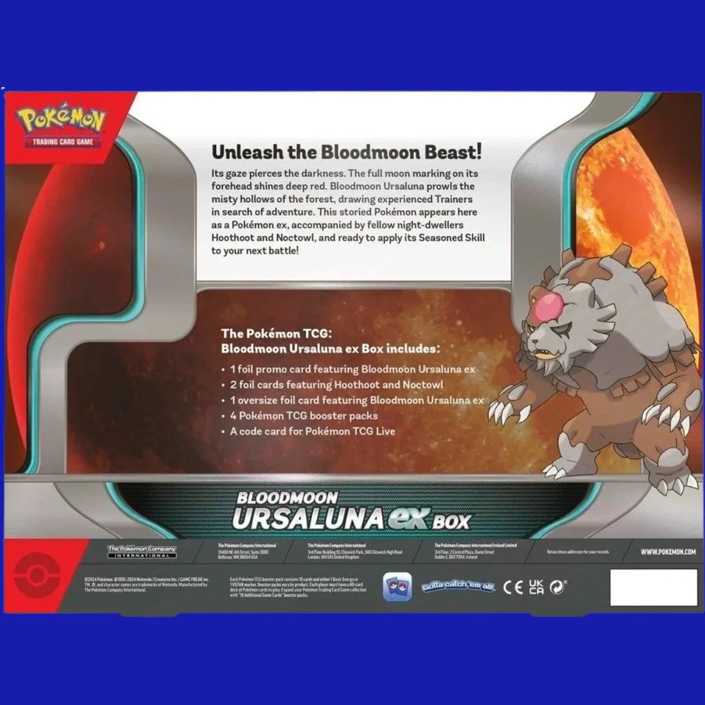 Back of the Bloodmoon Ursaluna ex Box detailing box contents and story text, with a stylized illustration of Bloodmoon Ursaluna in front of a burning red moon.