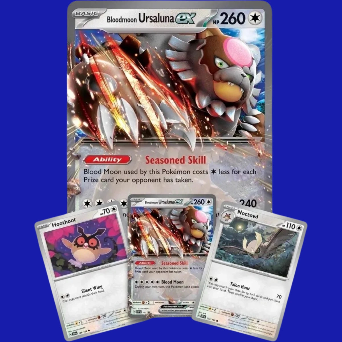Foil promo cards from the Bloodmoon Ursaluna ex Box showing Bloodmoon Ursaluna ex, Hoothoot, and Noctowl, with the oversized card prominently displayed in the background.