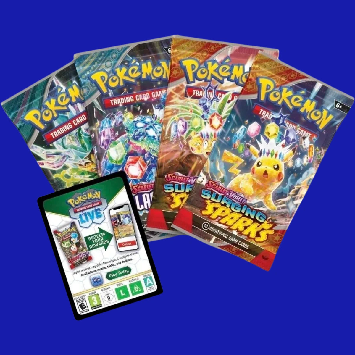 Four Pokémon booster packs and a Pokémon TCG Live code card included in the Bloodmoon Ursaluna ex Box; packs shown include Scarlet & Violet sets like Surging Sparks and others.