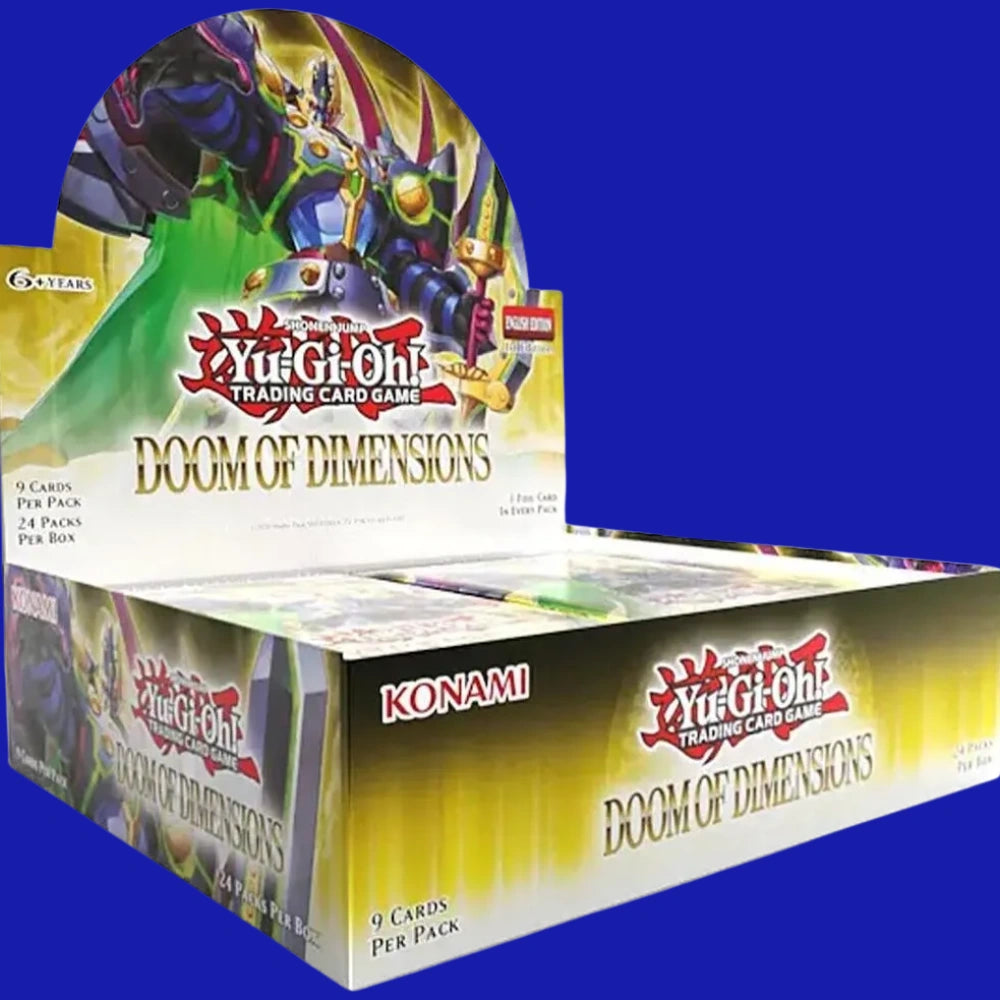 Yu-Gi-Oh! TRADING CARD GAME Doom of Dimensions Booster Box featuring D/D/D/D Great Dimension King Arc Crisis box art, 24 packs per box.