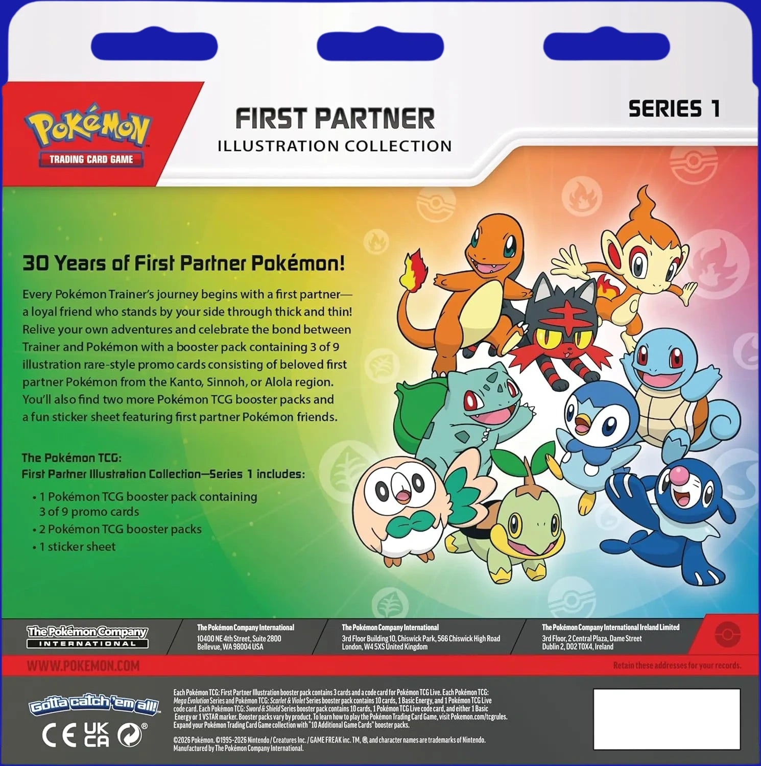 Pokémon TCG First Partner Illustration Collection Series 1 back panel showing product contents and description