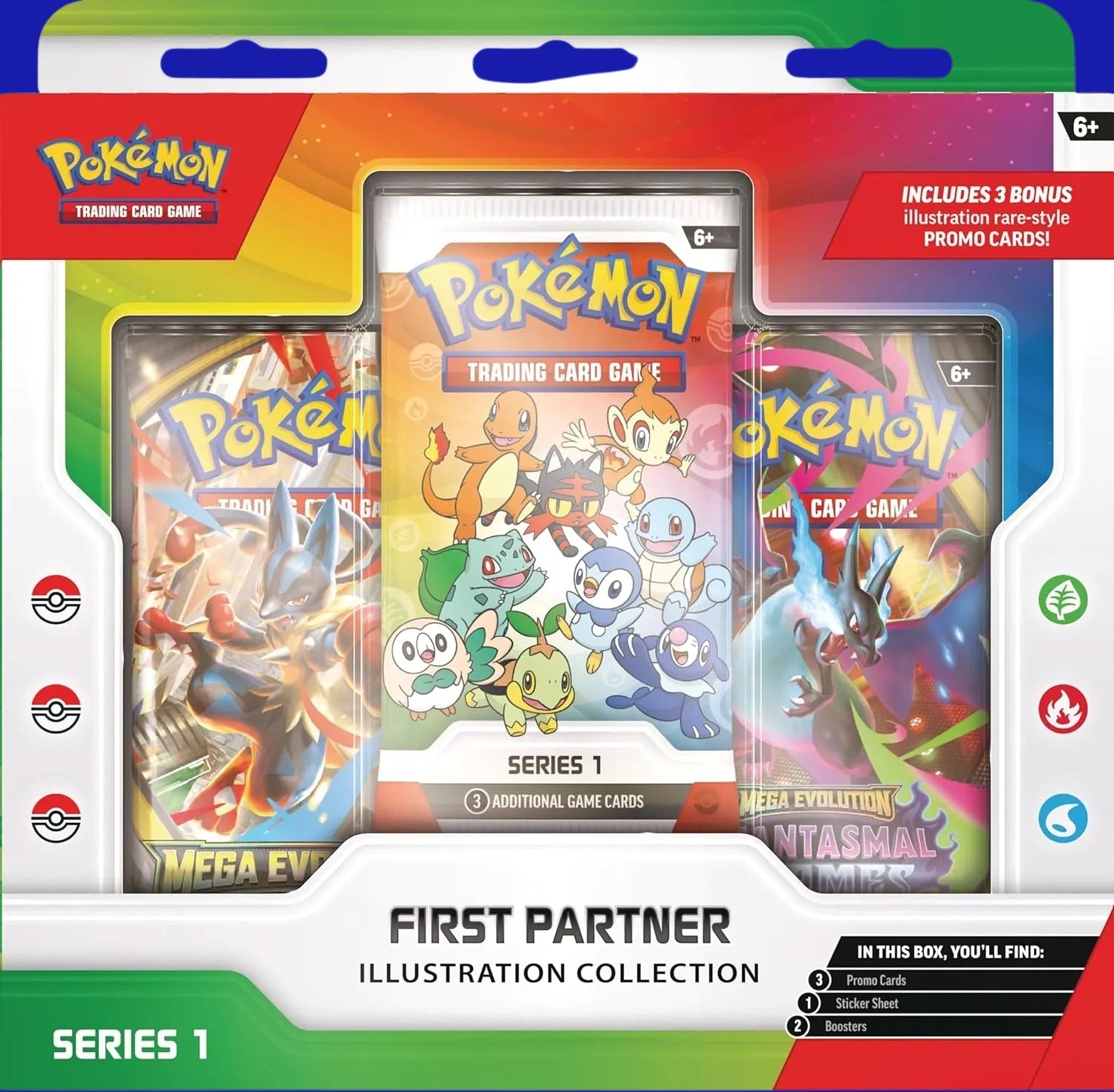 Pokémon TCG First Partner Illustration Collection Series 1 box with promo cards, sticker sheet, and booster packs