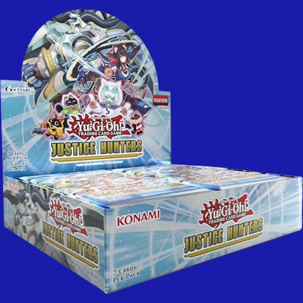 Yu-Gi-Oh! TRADING CARD GAME Justice Hunters booster box display, showing an open retail box with multiple sealed booster packs inside. The box artwork features multiple characters from the set, including the large dragon-like Dracotail Arthalion in the background, K9-17 “Ripper” in the center, and several small, colorful Yummy monsters in the foreground, set against a light blue and white futuristic background.