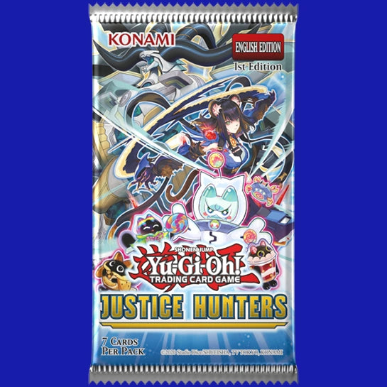Yu-Gi-Oh! TRADING CARD GAME Justice Hunters booster pack featuring character artwork with Dracotail Arthalion in the background, K9-17 “Ripper” prominently in the center, and multiple Yummy monsters in the foreground. The pack is labeled English Edition, 1st Edition, and states 7 cards per pack.