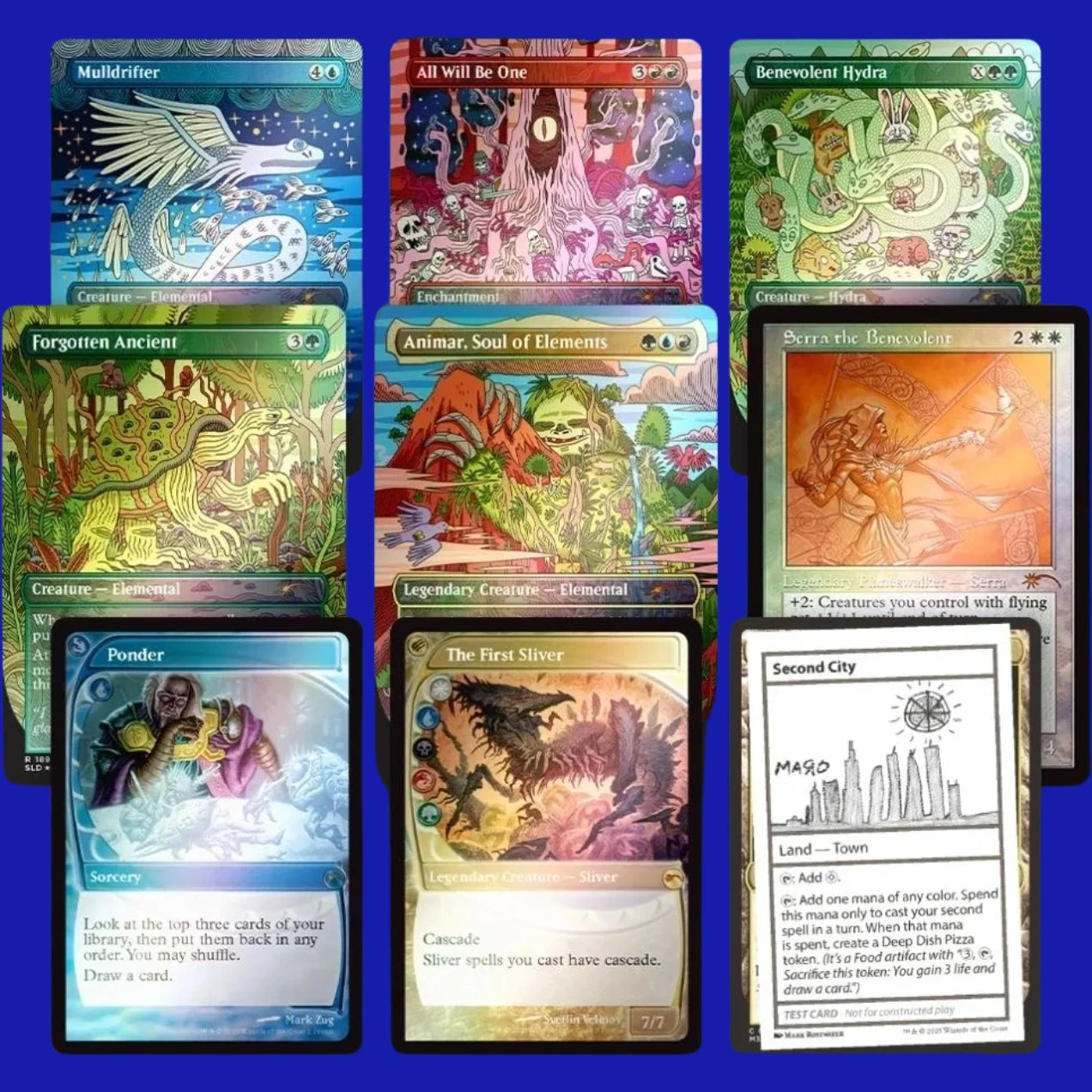 Selection of Magic: The Gathering Mystery Booster 2 cards including Mulldrifter, All Will Be One, Benevolent Hydra, Animar Soul of Elements, Serra the Benevolent, The First Sliver, and Second City.