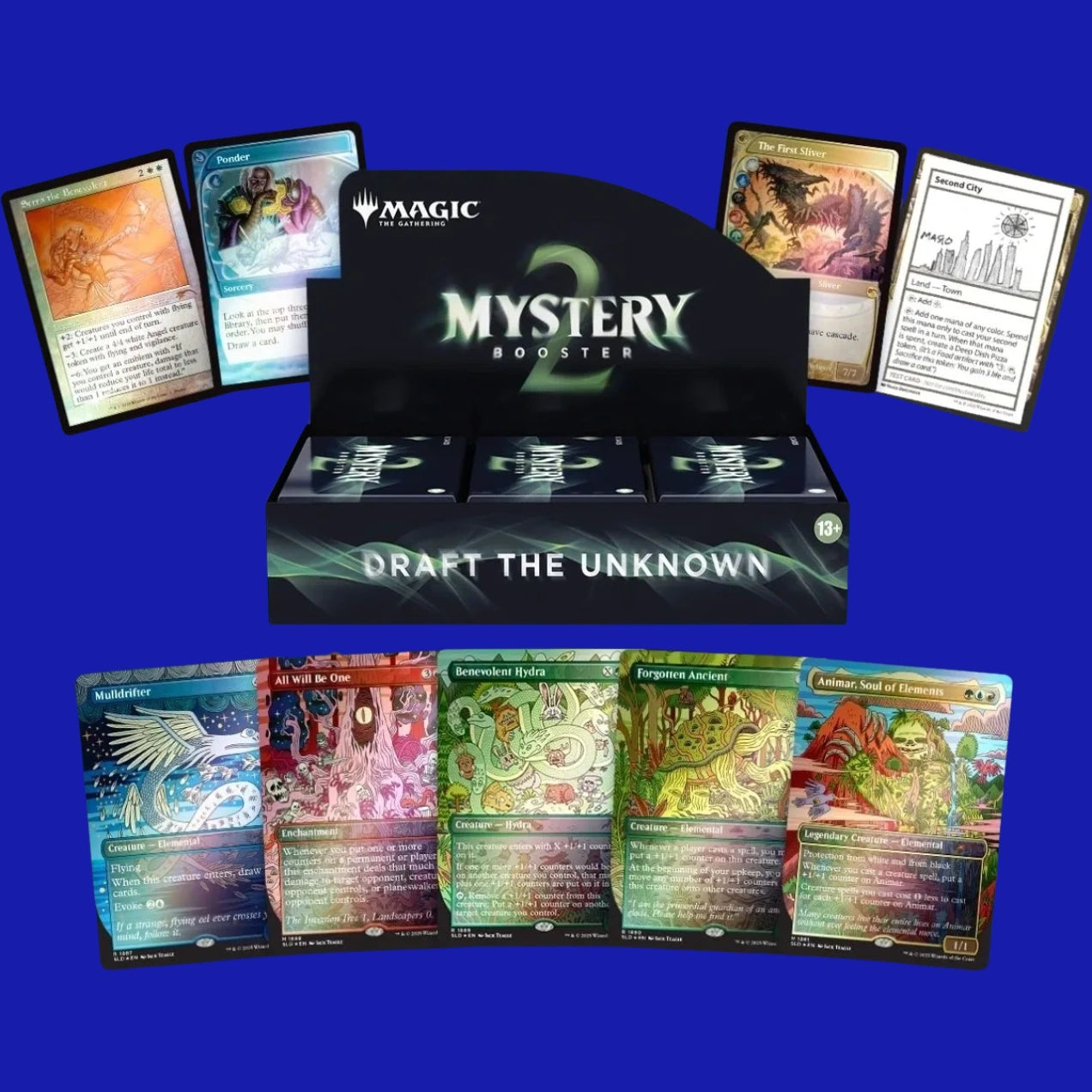 Magic: The Gathering Mystery Booster 2 display box surrounded by example cards showcasing a variety of reprints and alternate art styles.