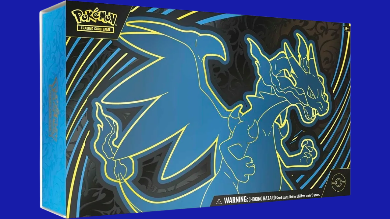 Pokémon TCG Mega Charizard X ex Ultra-Premium Collection box close-up with blue Charizard design, perfect for collectors and fans of Mega Evolution Pokémon