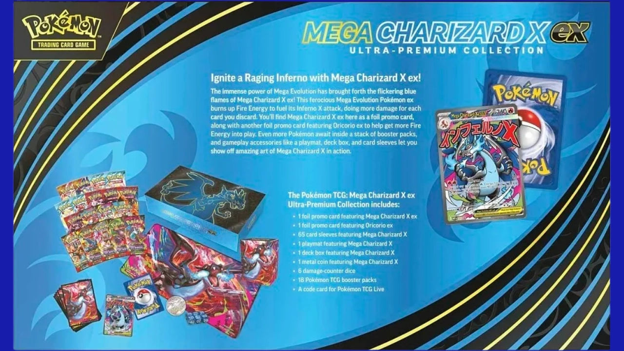 Back of Pokémon TCG Mega Charizard X ex Ultra-Premium Collection box showing product contents and details about Mega Evolution Charizard
