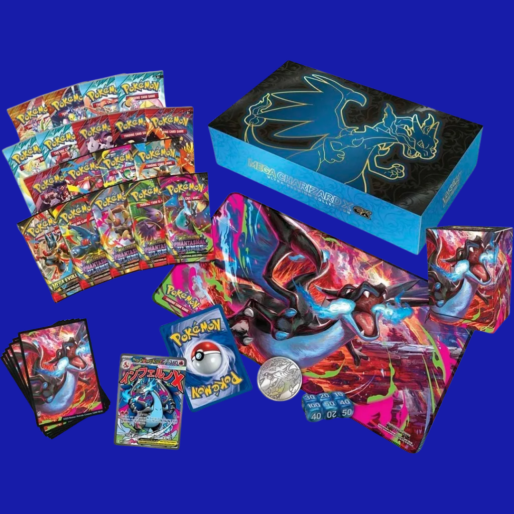 Pokémon Trading Card Game Mega Charizard X ex Ultra-Premium Collection showcasing Mega Evolution promos, playmat, deck box, card sleeves, and multiple booster packs