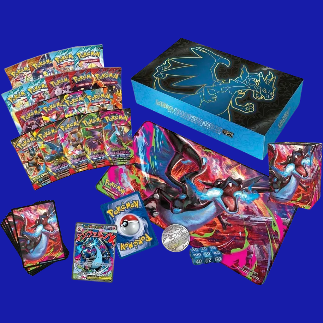 Pokémon Trading Card Game Mega Charizard X ex Ultra-Premium Collection showcasing Mega Evolution promos, playmat, deck box, card sleeves, and multiple booster packs