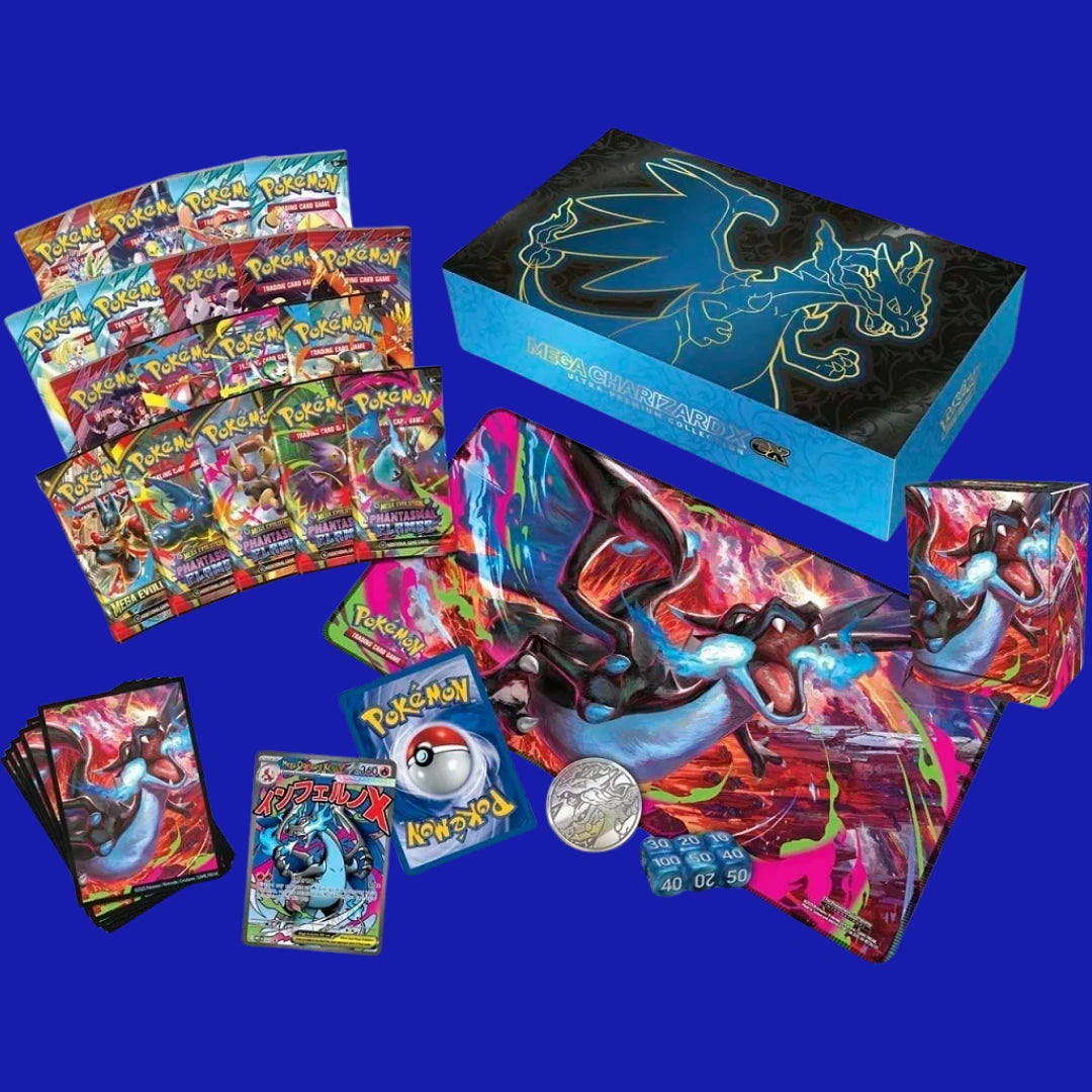 Pokémon Trading Card Game Mega Charizard X ex Ultra-Premium Collection showcasing Mega Evolution promos, playmat, deck box, card sleeves, and multiple booster packs
