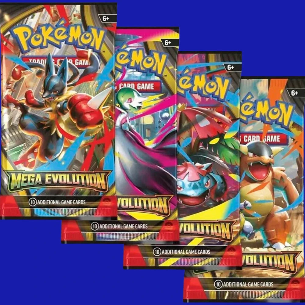 Pokémon TCG Mega Evolutions booster packs featuring assorted pack artwork from the Mega Evolutions expansion