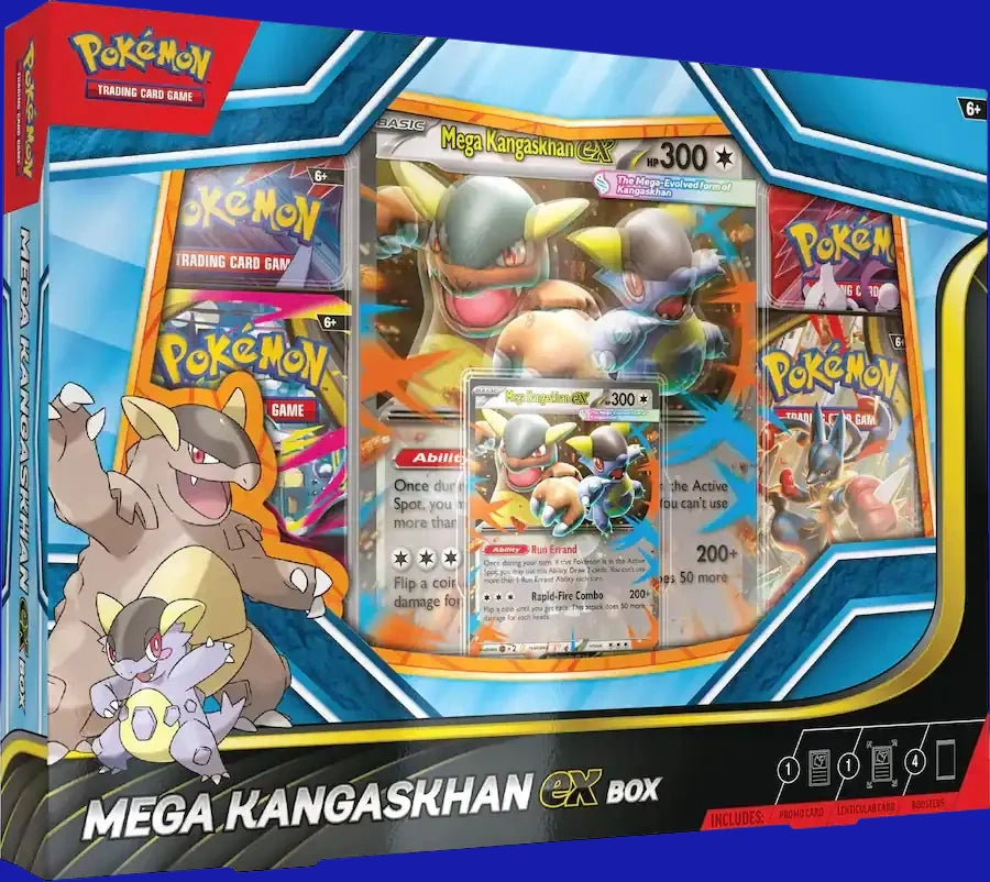 Front view of the Mega Kangaskhan ex Box for the Pokémon Trading Card Game, showing the giant Mega Kangaskhan ex promo card inside along with four Pokémon TCG booster packs.