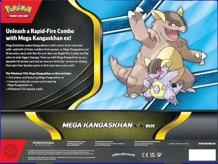 Back of the Mega Kangaskhan ex Box, featuring artwork of Kangaskhan and its baby, and a description of the contents: a foil promo card, an oversize lenticular promo card, and four booster packs.