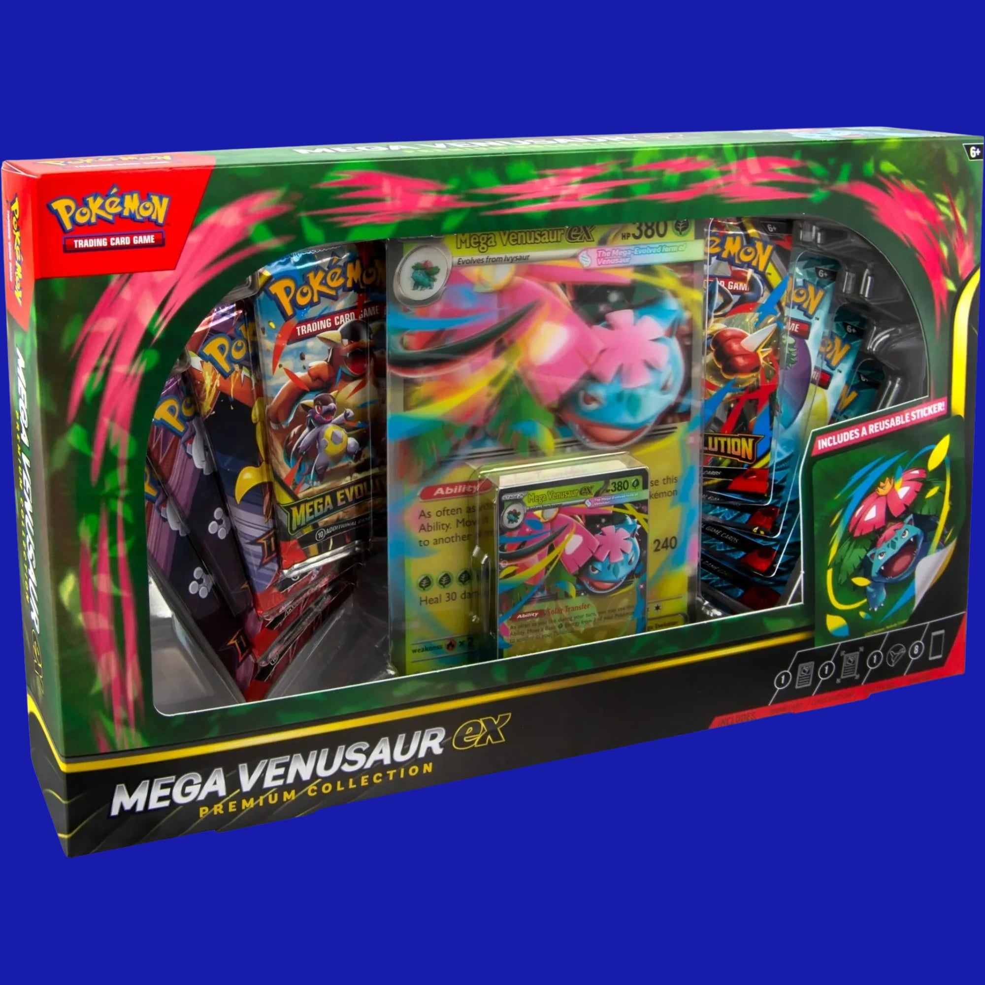 Pokémon TCG Mega Venusaur ex Premium Collection box showing Mega Venusaur ex promo card and included booster packs.