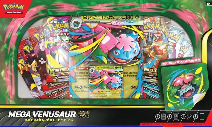 Front view of the Pokémon TCG Mega Venusaur ex Premium Collection featuring Mega Venusaur ex and included booster packs.