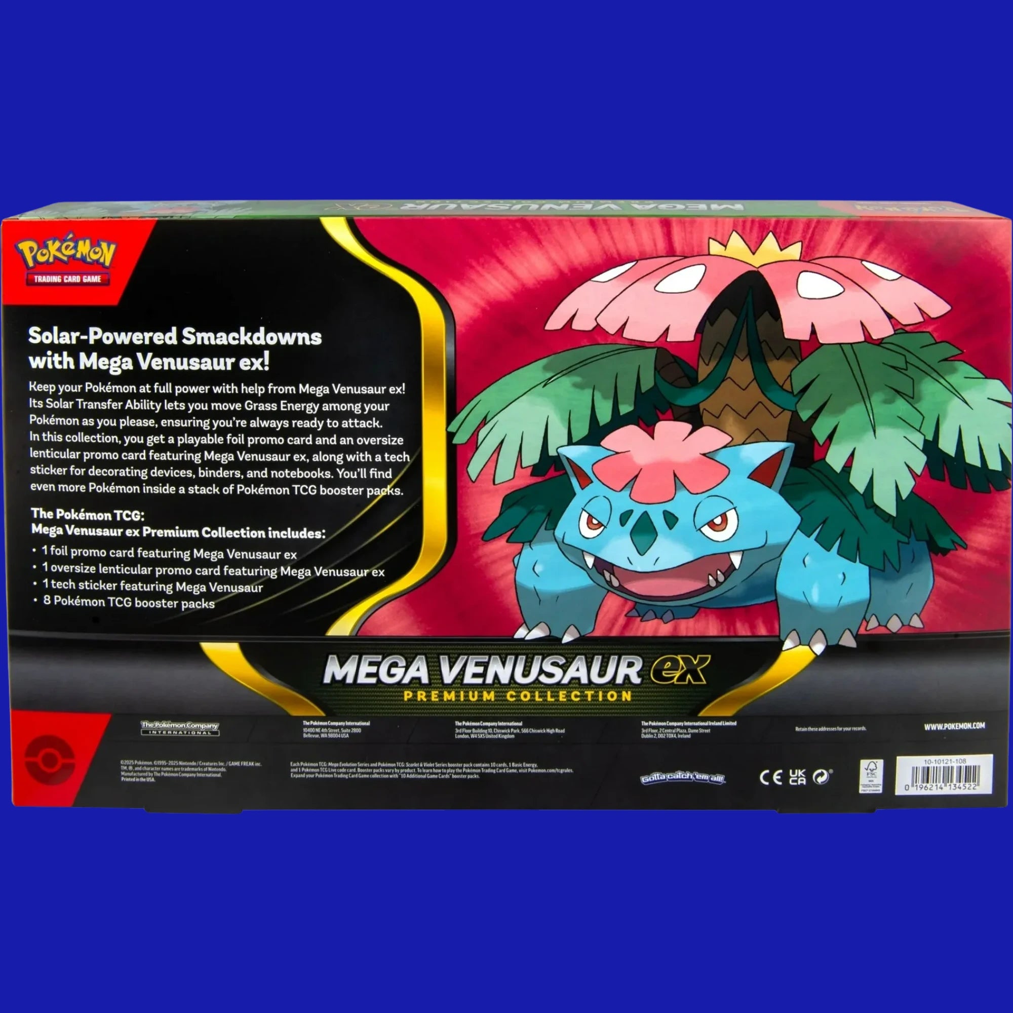 Back of the Pokémon TCG Mega Venusaur ex Premium Collection box displaying contents, product details, and included items.
