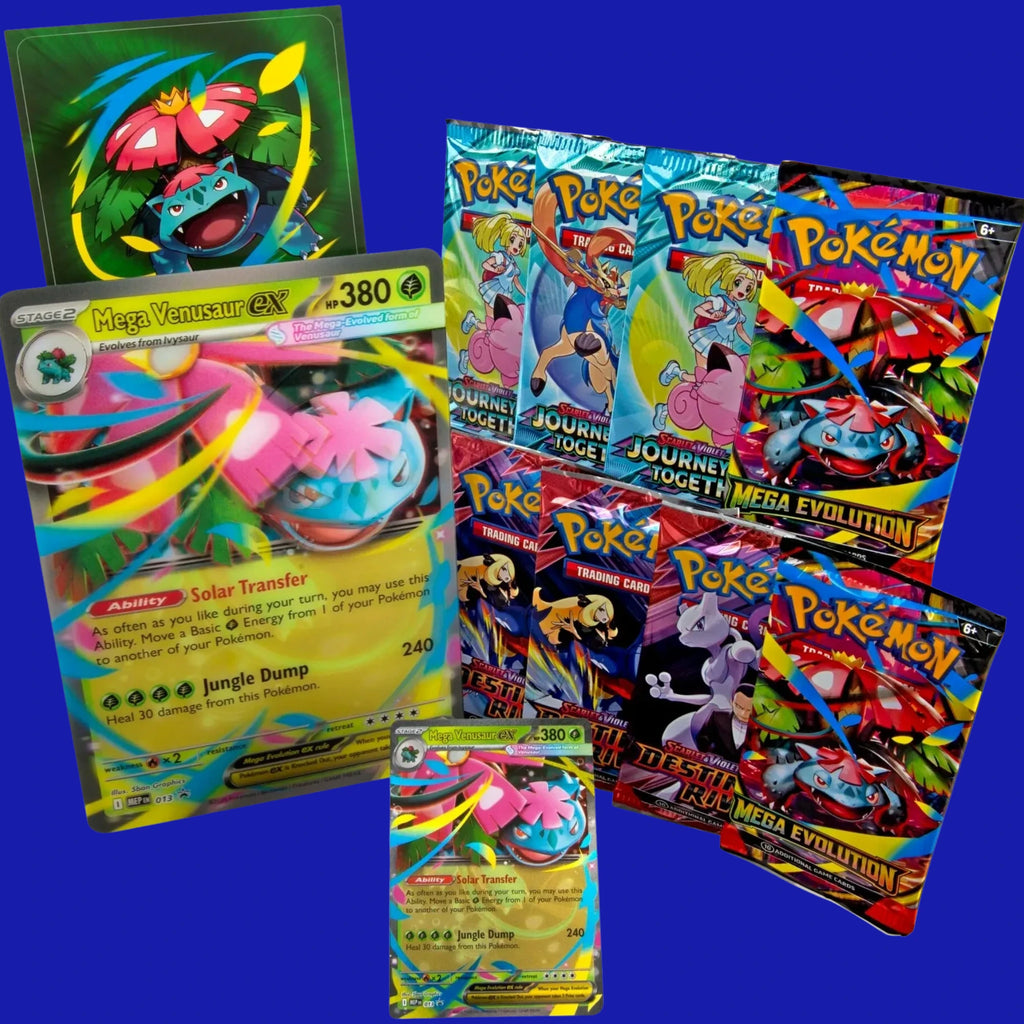 Mega Venusaur ex Premium Collection contents featuring Mega Venusaur ex promo card, oversize card, and Pokémon TCG booster packs from the Mega Evolution series.