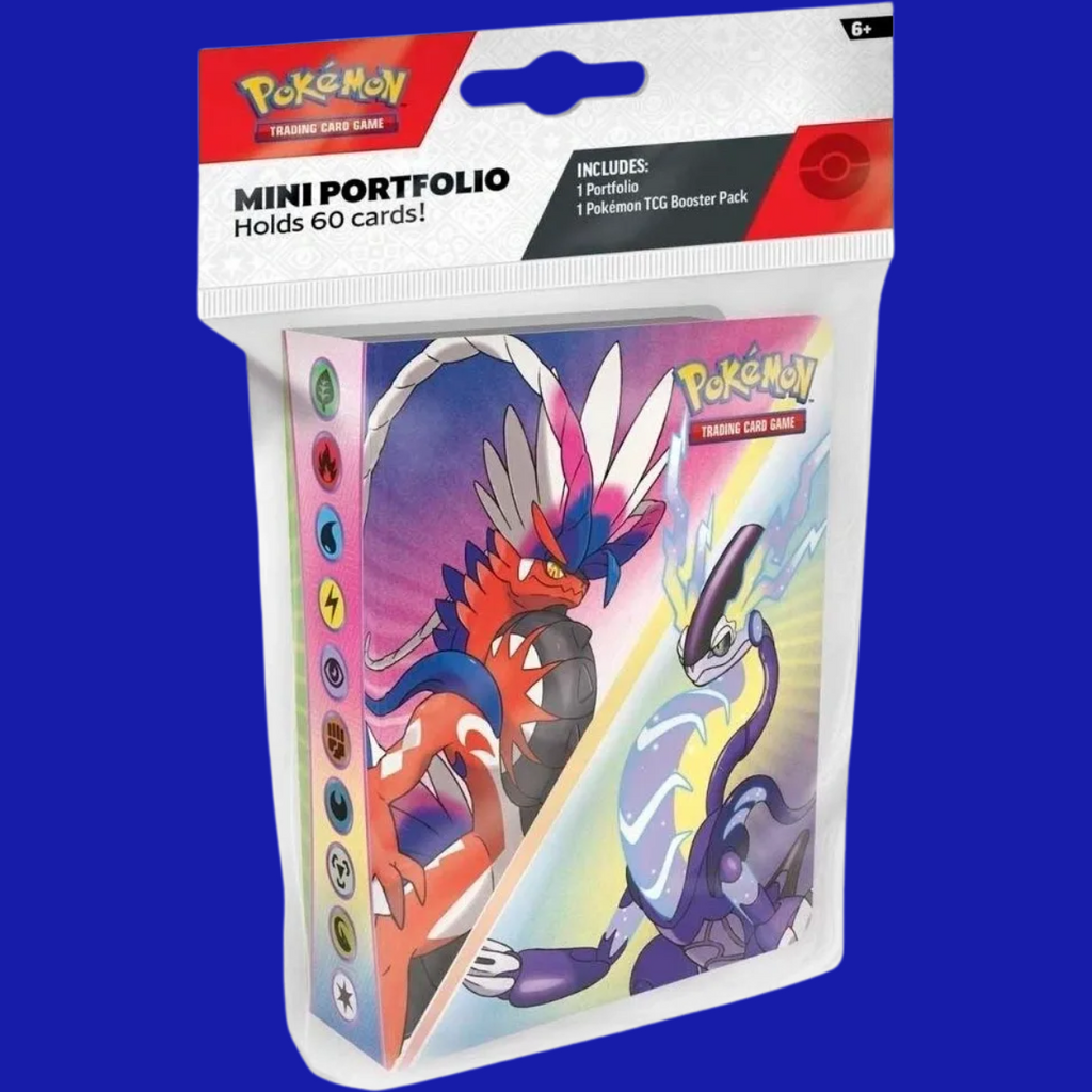 Pokémon Mini Portfolio (Spring 2023) in sealed retail packaging, showing cover artwork of Koraidon and Miraidon and labeled to hold 60 cards with one booster pack included.