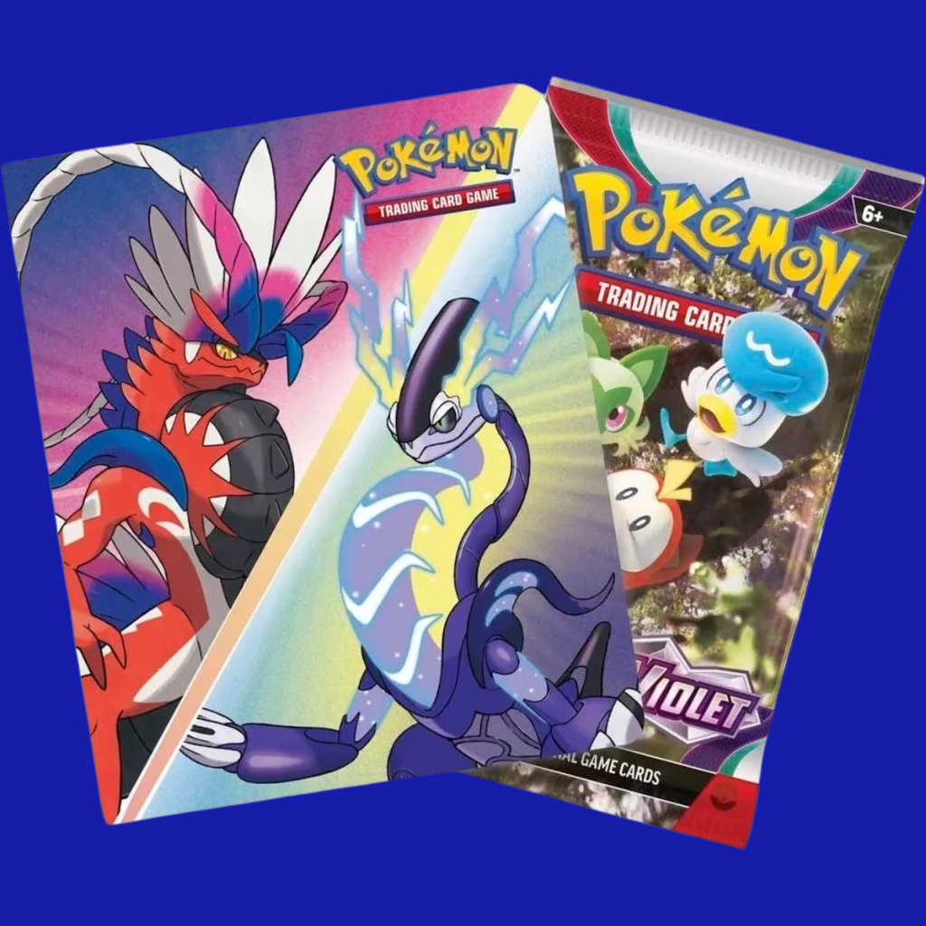 Pokémon Mini Portfolio (Spring 2023) shown with included Scarlet & Violet booster pack and front-and-back portfolio artwork of Koraidon and Miraidon.