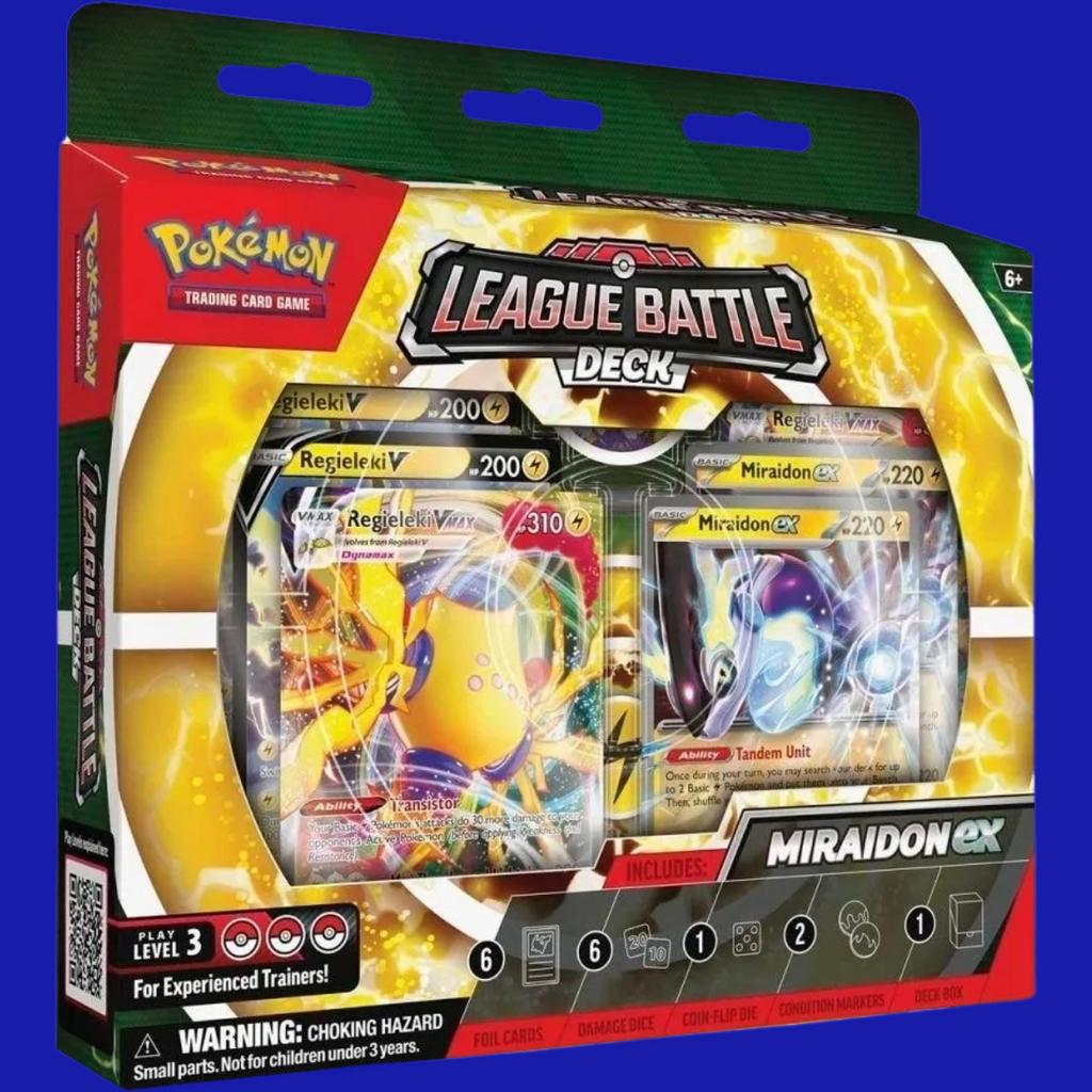 Front of the League Battle Deck – Miraidon ex packaging featuring foil Miraidon ex and Regieleki VMAX cards