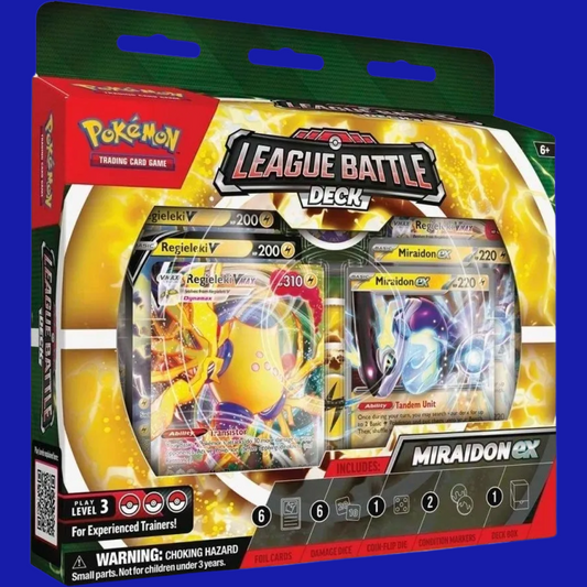 Front of the League Battle Deck – Miraidon ex packaging featuring foil Miraidon ex and Regieleki VMAX cards