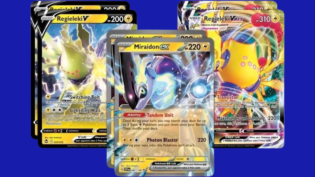 Close-up of featured foil cards: Miraidon ex, Regieleki V, and Regieleki VMAX from the Miraidon ex League Battle Deck