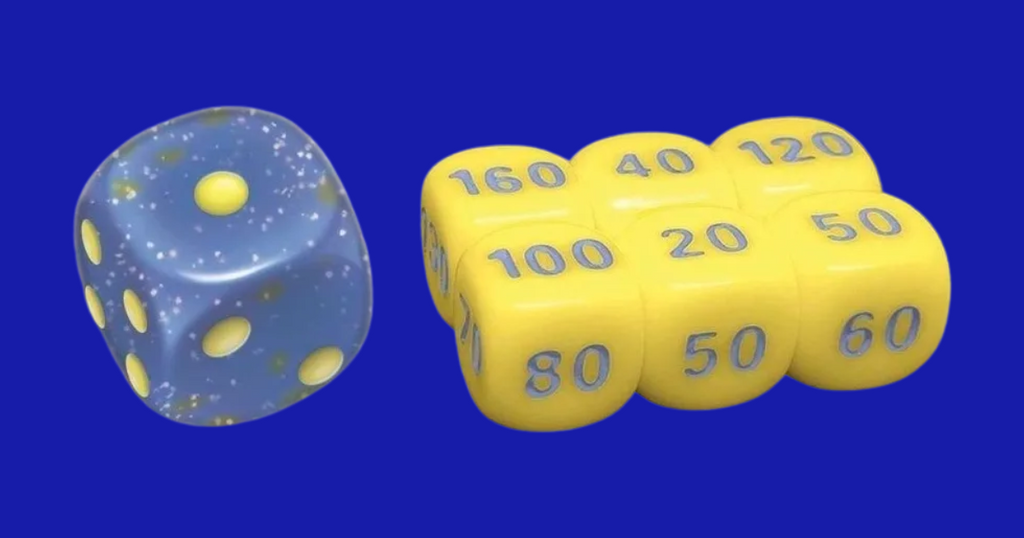 Damage counter dice and translucent blue coin-flip die included with the Miraidon ex League Battle Deck