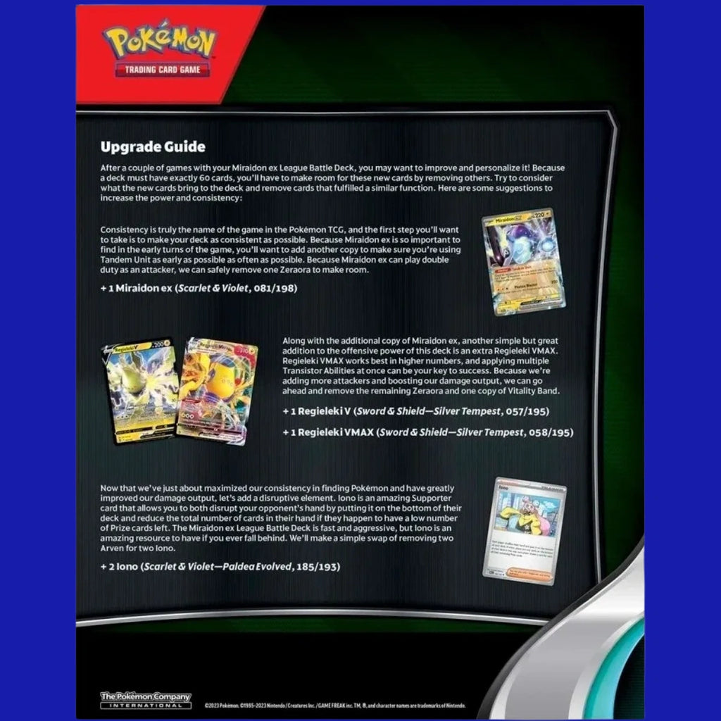 Back of the Pokémon TCG: League Battle Deck – Miraidon ex packaging displaying included cards, upgrade suggestions, and official Pokémon branding