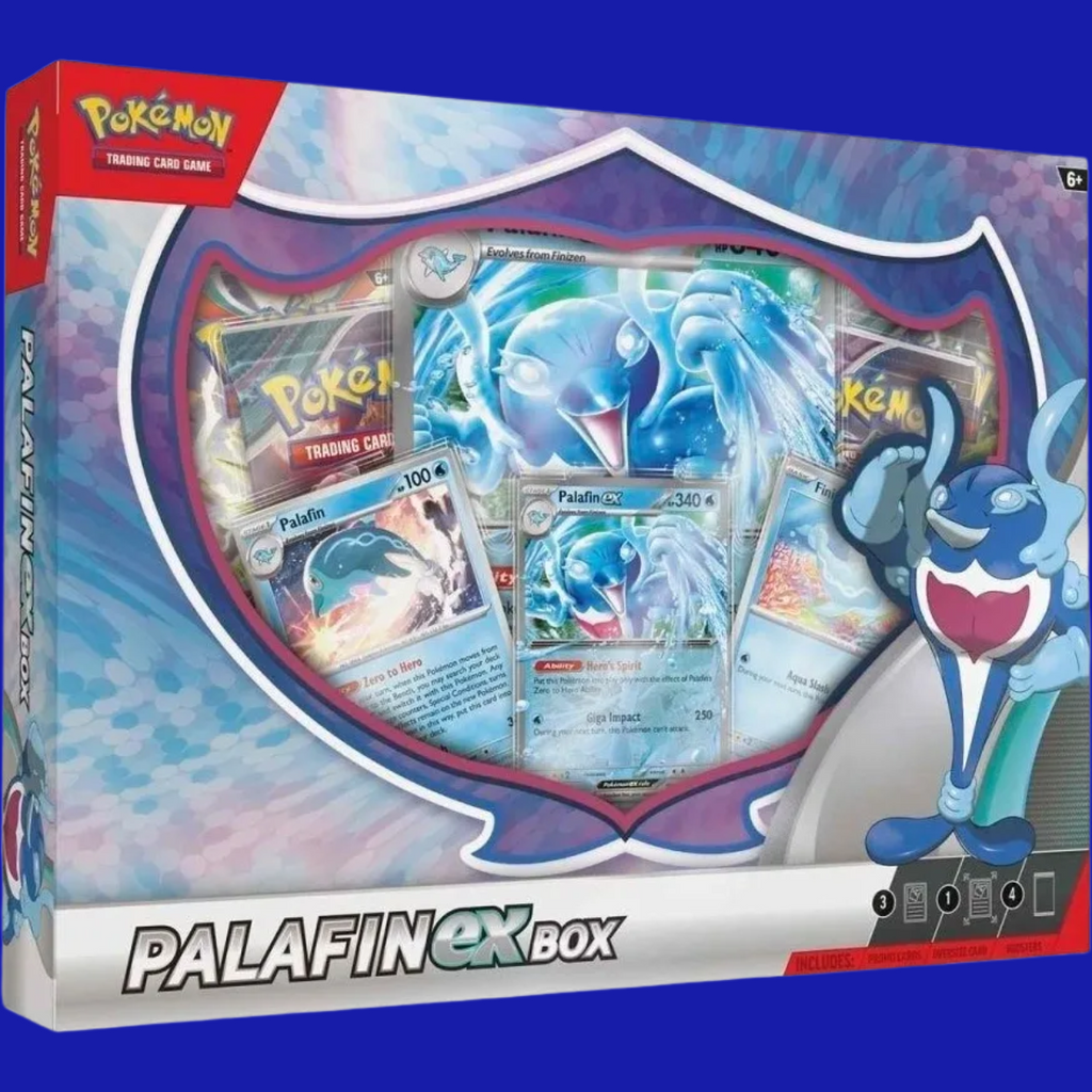 Front of the Pokémon TCG: Palafin ex Box featuring foil Palafin and Finizen cards with bold water-themed design.