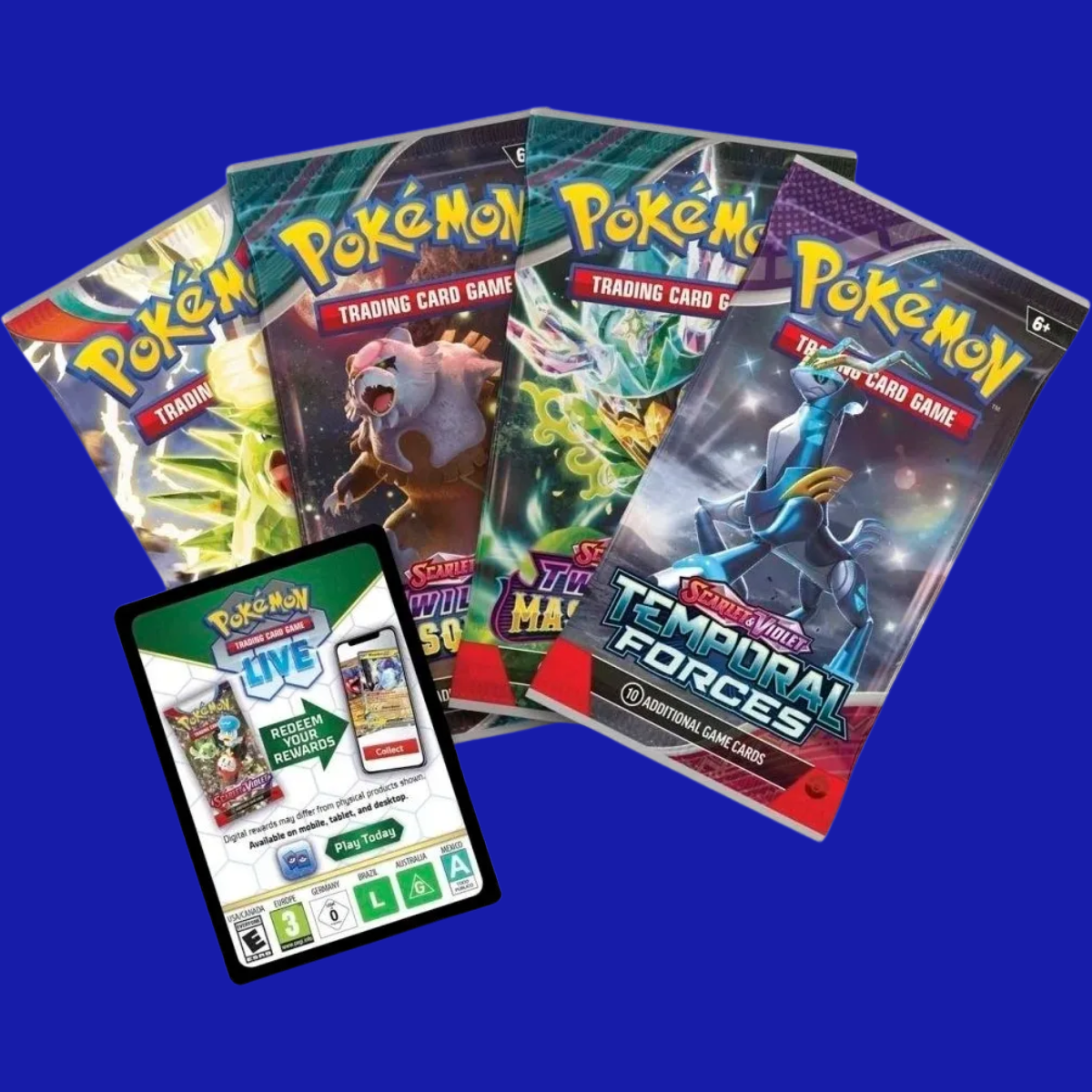 Contents of the Palafin ex Box showing four Pokémon TCG booster packs and a Pokémon TCG Live code card.