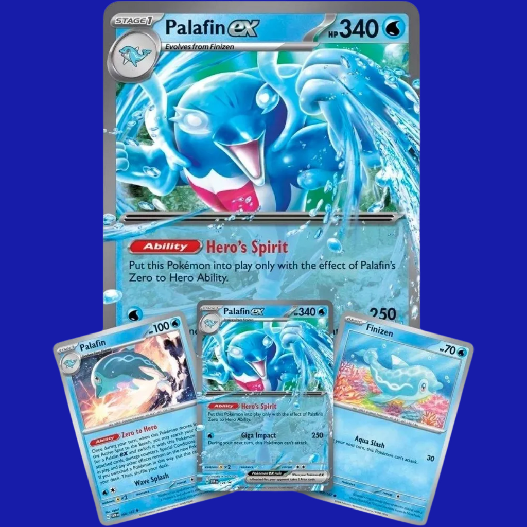 Palafin ex Box foil promo cards including Palafin, Finizen, and oversized Palafin ex card.