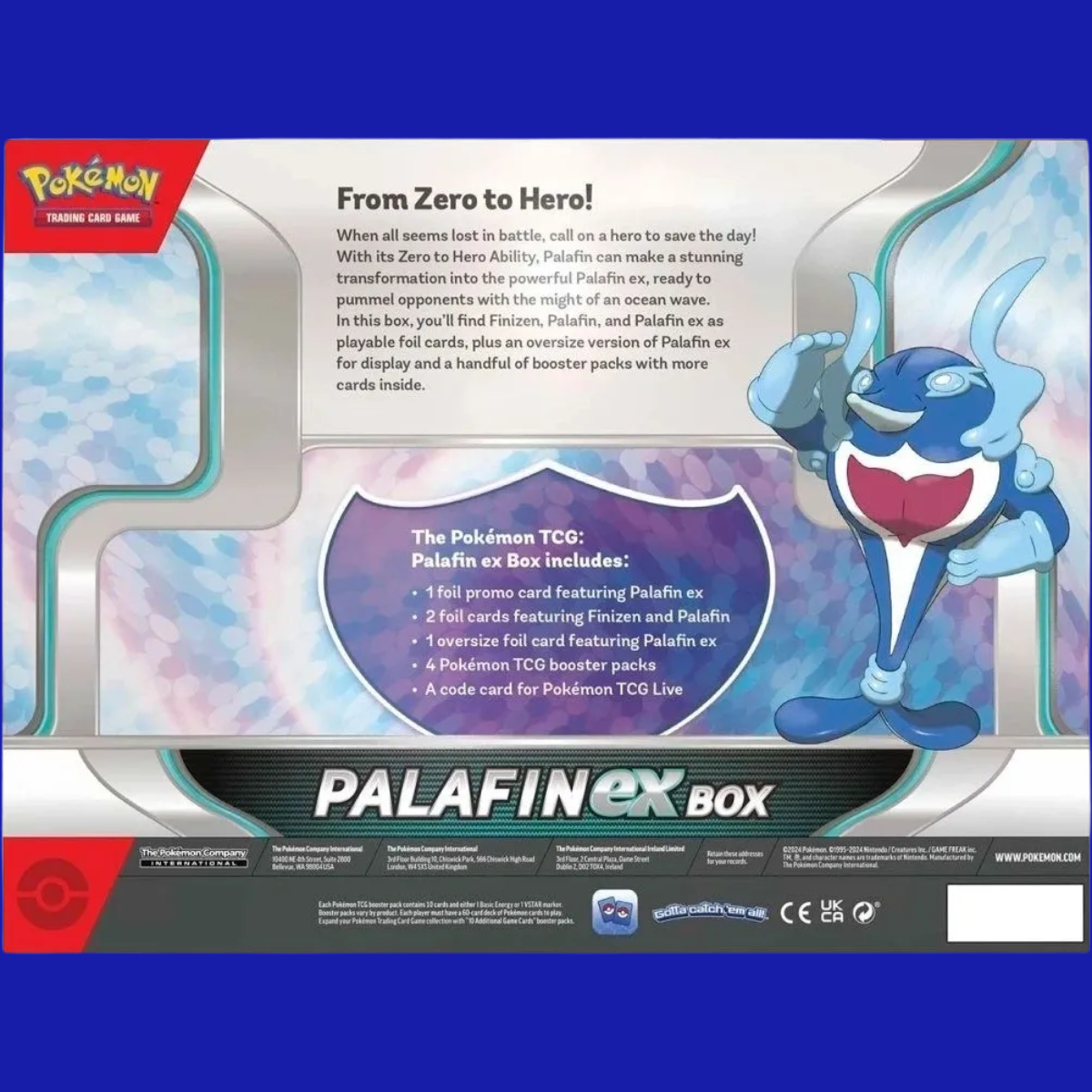 Back of the Palafin ex Box detailing contents and hero-themed artwork of Palafin.