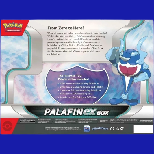 Back of the Palafin ex Box detailing contents and hero-themed artwork of Palafin.