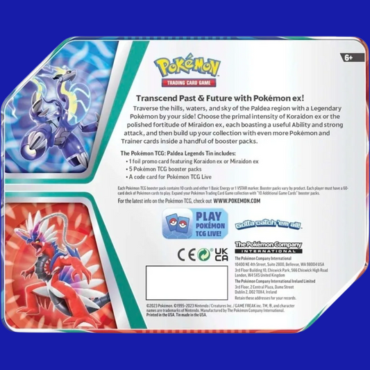 Back of Pokémon TCG: Paldea Legends Tin with product details, including contents and artwork of Miraidon ex and Koraidon ex.