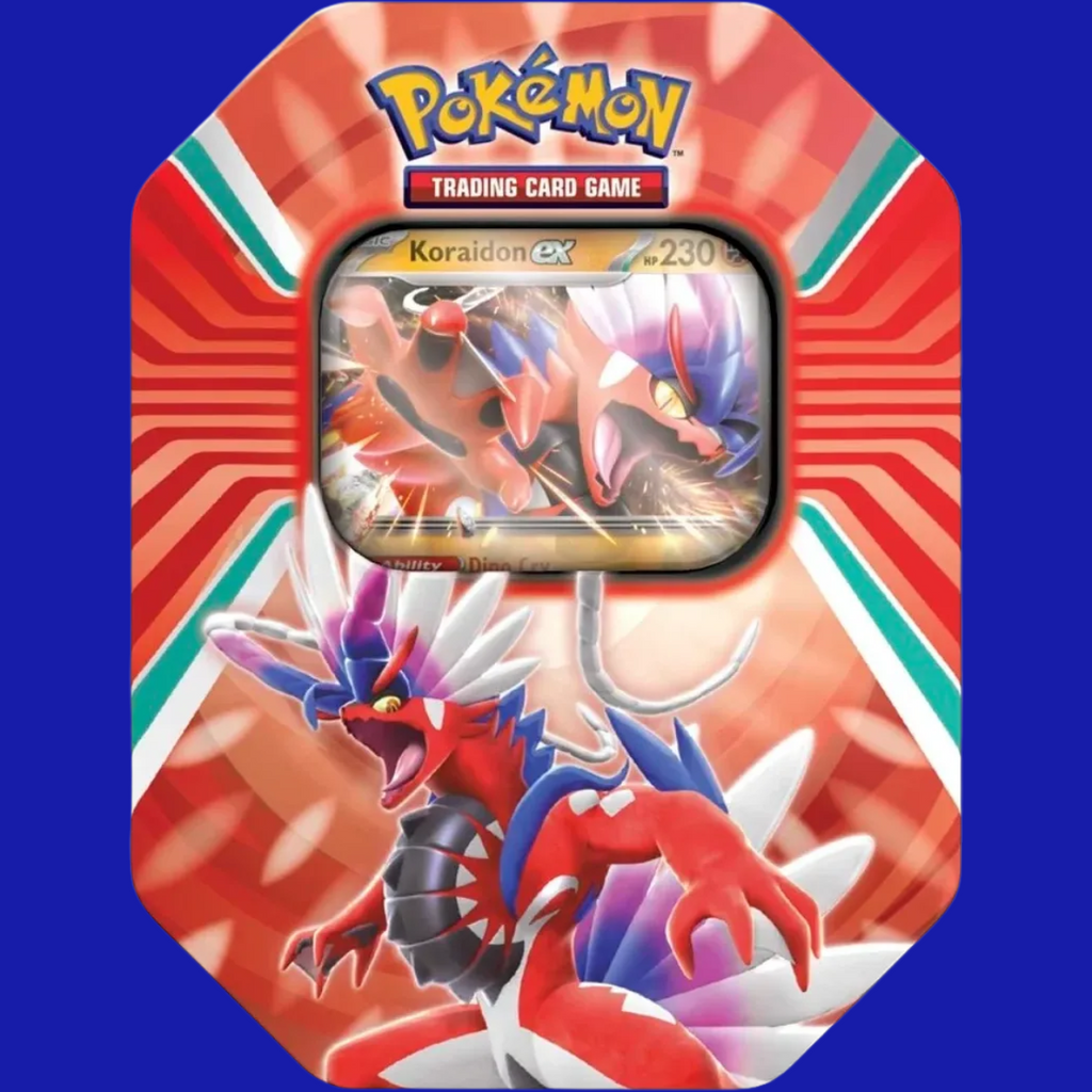 Front of Pokémon TCG: Paldea Legends Tin – Koraidon ex featuring foil promo card and artwork of the ancient Legendary Pokémon Koraidon.