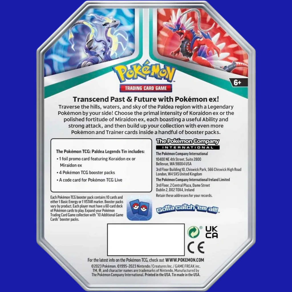 Back of Pokémon TCG: Paldea Legends Tin – Koraidon ex with product description and artwork of Koraidon and Miraidon.
