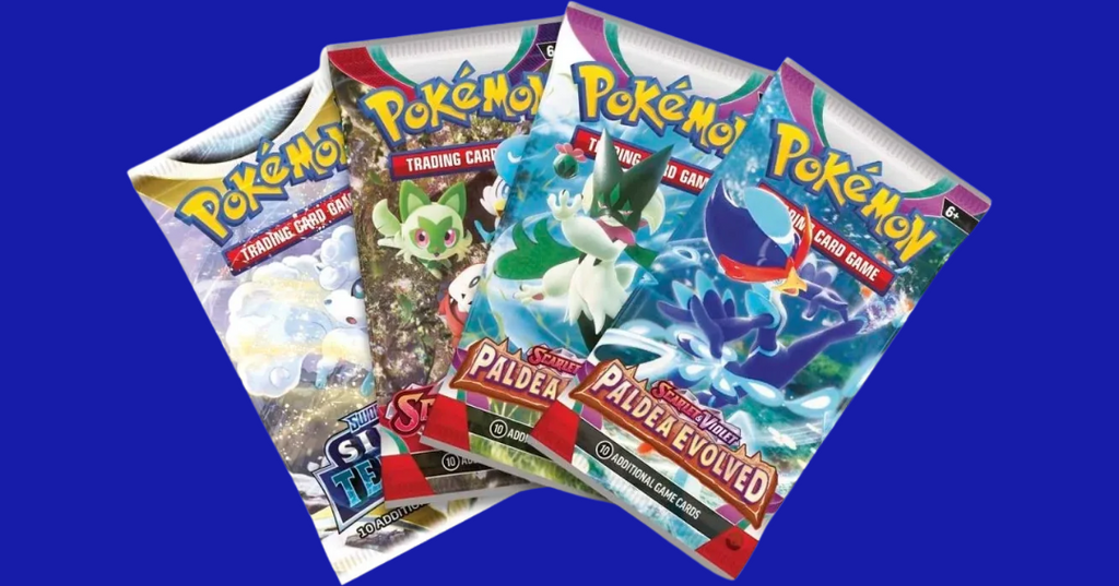 Contents of Pokémon TCG: Paldea Legends Tin – Koraidon ex showing four booster packs including Silver Tempest, Scarlet & Violet, and Paldea Evolved.